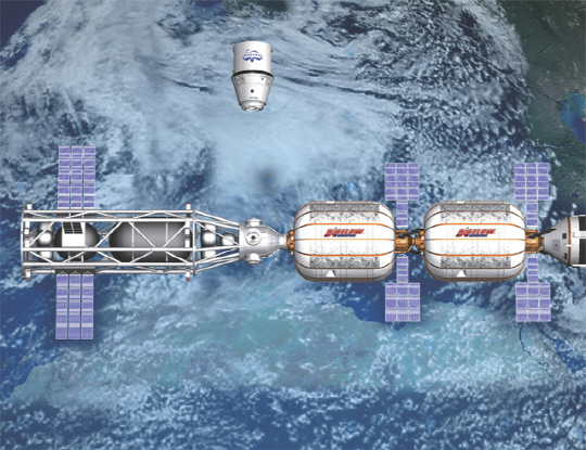 ▲스페이스X의 드래곤 캡슐이 B330 두 대를 연결한 우주정거장에 도킹하고 있는 상상도.