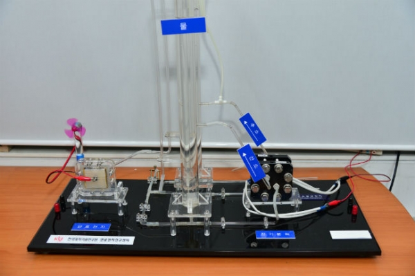 KIST 연구진이 개발한 이리듐산화물이 코팅된 전극으로 물 전기분해 장치키트를 통해 수소를 생산하고 있다.