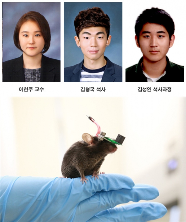 (위) 이현주 교수 연구팀, (아래) 행동실험이 가능한 초소형 비침습 초음파 자극 장치 (사진-KAIST)