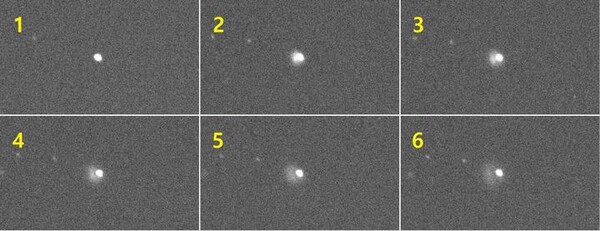 한국천문연구원이 포착한 나사의 '다트' 우주선과 소행성 '디모르포스'의 충돌 순간. 출처=뉴시스