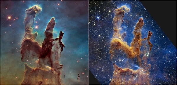 왼쪽은 1995년 허블망원경이 처음 포착한 영상,오른쪽은 웹망원경이 포착한 근적외선 영상 출처=NASA