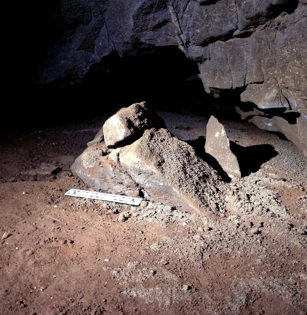 리 버거 교수팀이 지난 8월 남아프리카의 라이징 스타 동굴에서 발견된 재와 불에 탄 뼈가 있는 바위 난로. 출처=리 버거/내셔널지오그래픽 