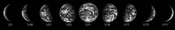 다누리가 달 임무 궤도에서 1월 6일부터 2월 4일까지 촬영한 지구의 위상 변화 모습. [이미지 출처=과학기술정보통신부] 