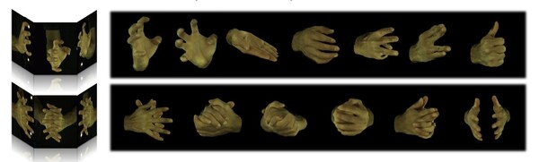 중국 과학기술대학교 연구진이 NeRF 기술을 사용해 구현한 손 모델들. 다양한 각도에서 찍은 손 사진(좌측)으로 손 모델(우측)을 만든다. [자료=HandNeRF: Neural Radiance Fields for Animatable Interacting Hands]