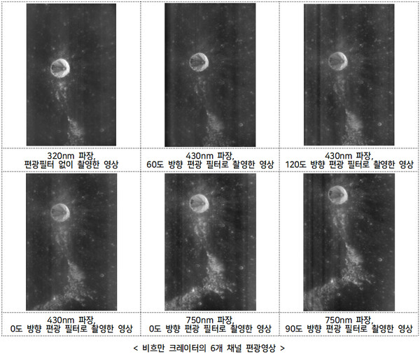 과학기술정보통신부와 한국항공우주연구원, 한국천문연구원 등은 12일 다누리가 촬영한 달 표면 영상을 공개했다. 사진은 다누리가 광시야편광카메라로 촬영한 '비흐만 크레이터' 지역. [이미지 출처=과학기술정보통신부]