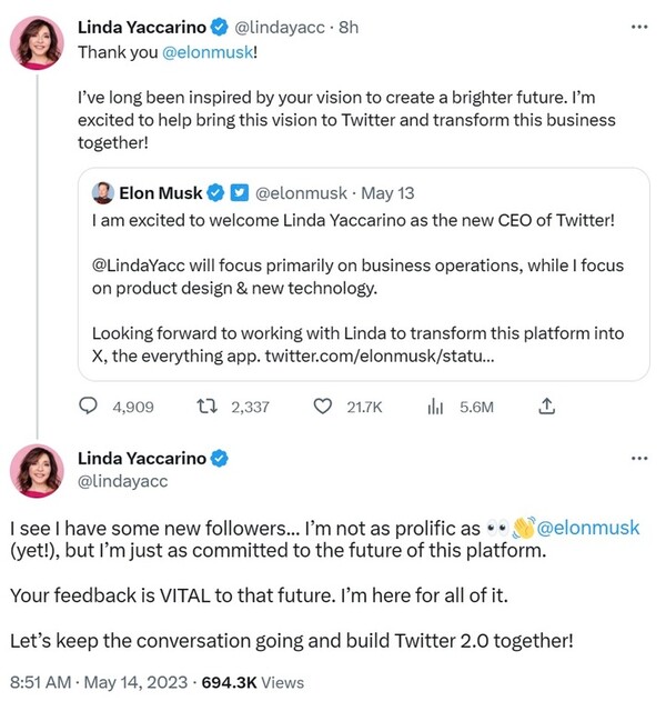 트위터는 새 CEO로 린다 야카리노를 맞이했다. 그는 비즈니스에 집중하며 머스크가 발표한 트위터 2.0 비전을 실현하는 데 기여할 것으로 기대된다. [사진=린다 야카리노 트위터 캡처] 