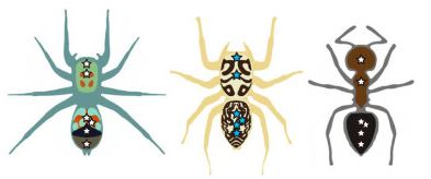 실험에 사용한 동물, 곤충들을 묘사한 그림. 순서대로 콜링우디 거미, 황금 매미 거미, 일반 개미 [자료=Imperfect ant mimicry contributes to local adaptation in a jumping spider]