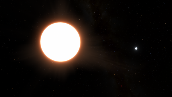 모성 주위를 도는 외계 행성 LTT9779b를 그린 그림. 항성은 왼쪽에 오렌지색의 광선이 나오는 커다란 흰색 원으로 묘사했으며 행성은 오른쪽에 작게 표시되어 있다. LTT9779 b는 해왕성과 크기가 비슷하며, 비추는 빛의 80%를 반사한다. [사진=Ricardo Ramírez Reyes / Universidad de Chile]
