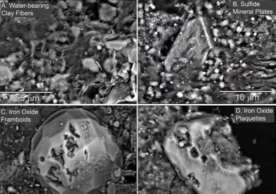 NASA가 공개한 베누 소행성 전자현미경 사진. A에서 수분이 얽혀있는 모습이 드러나고 있다. [사진=NASA 영상 캡처]